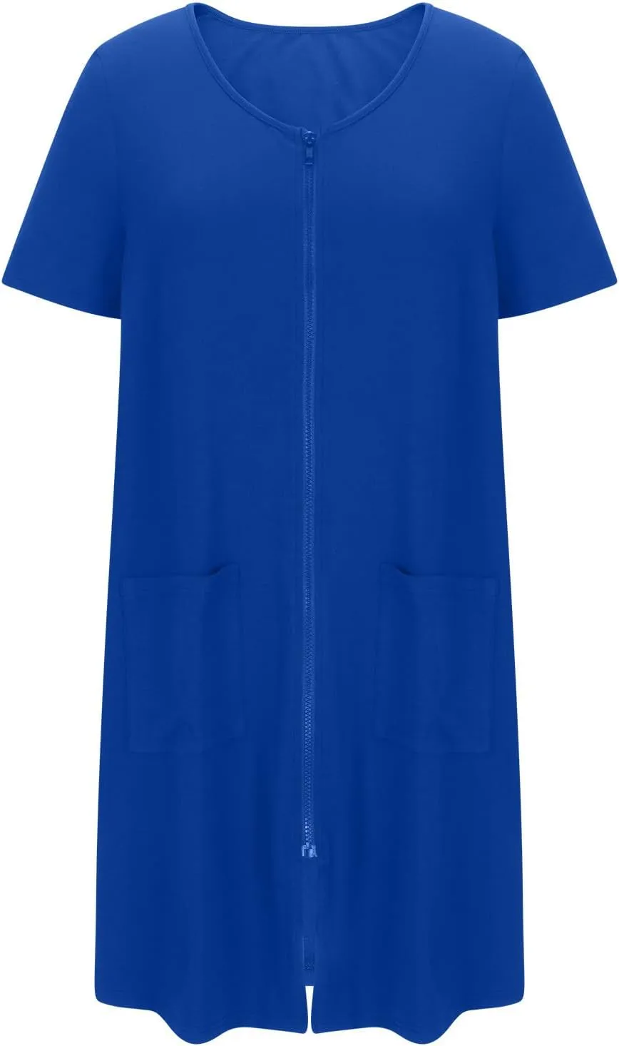 Womens Housecoat Zip Up Robes Short Sleeve Pajamas Dress Comfy Loose Nightdress with Pockets Casual Nightgowns