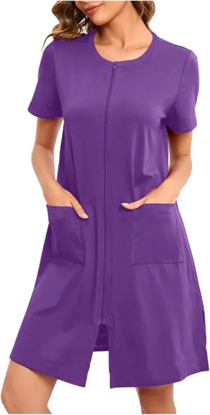 Womens Housecoat Zip Up Robes Short Sleeve Pajamas Dress Comfy Loose Nightdress with Pockets Casual Nightgowns