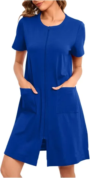 Womens Housecoat Zip Up Robes Short Sleeve Pajamas Dress Comfy Loose Nightdress with Pockets Casual Nightgowns