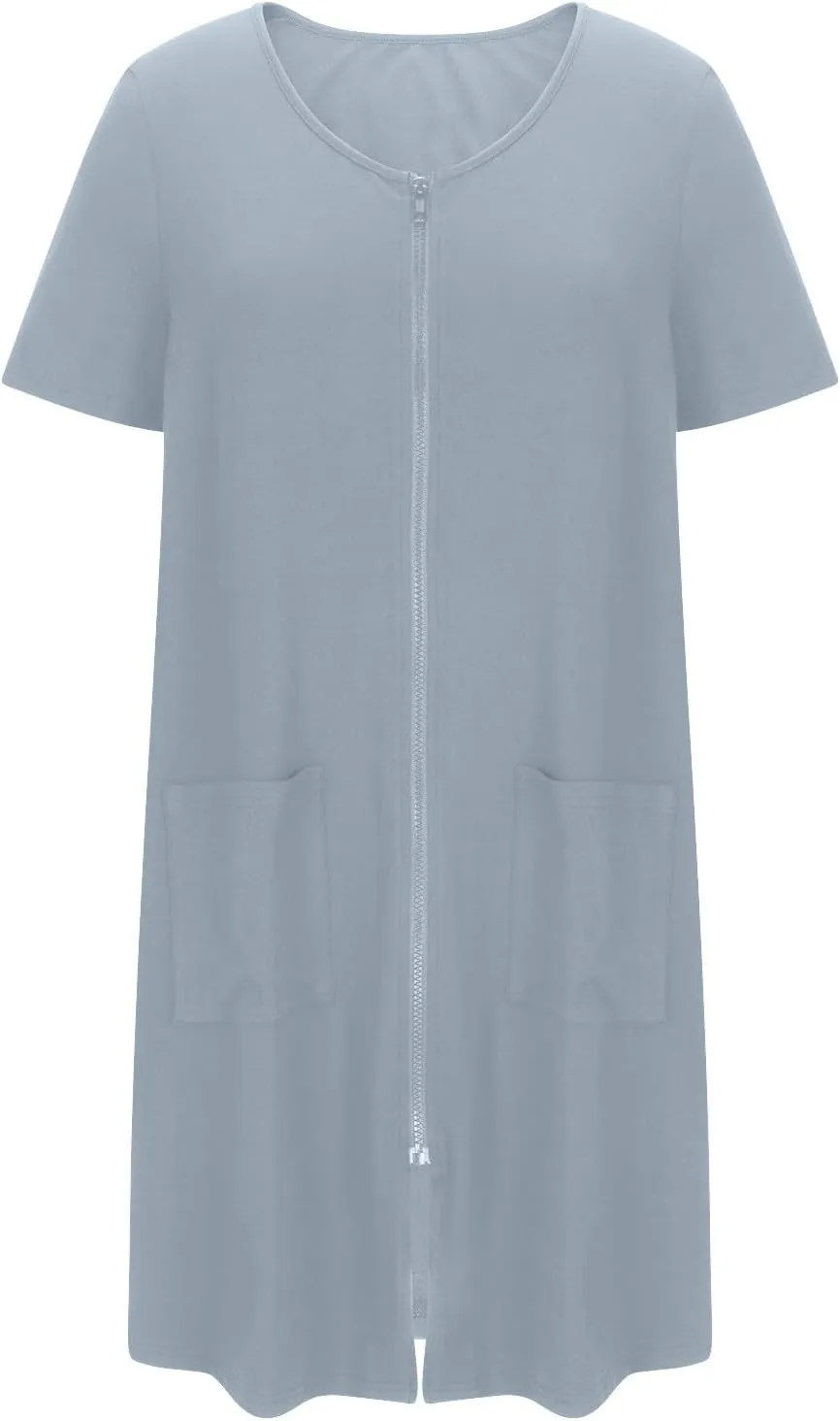 Womens Housecoat Zip Up Robes Short Sleeve Pajamas Dress Comfy Loose Nightdress with Pockets Casual Nightgowns