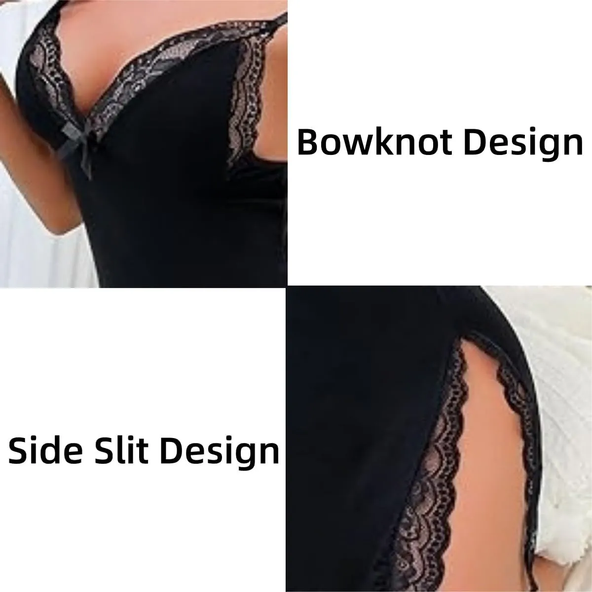 Women's Lace Trim Slit Sleep Dress,Side Slit Bowknot Decor Cami Sleep Dress,Plus Size Lingerie Sexy Nightgown for Women
