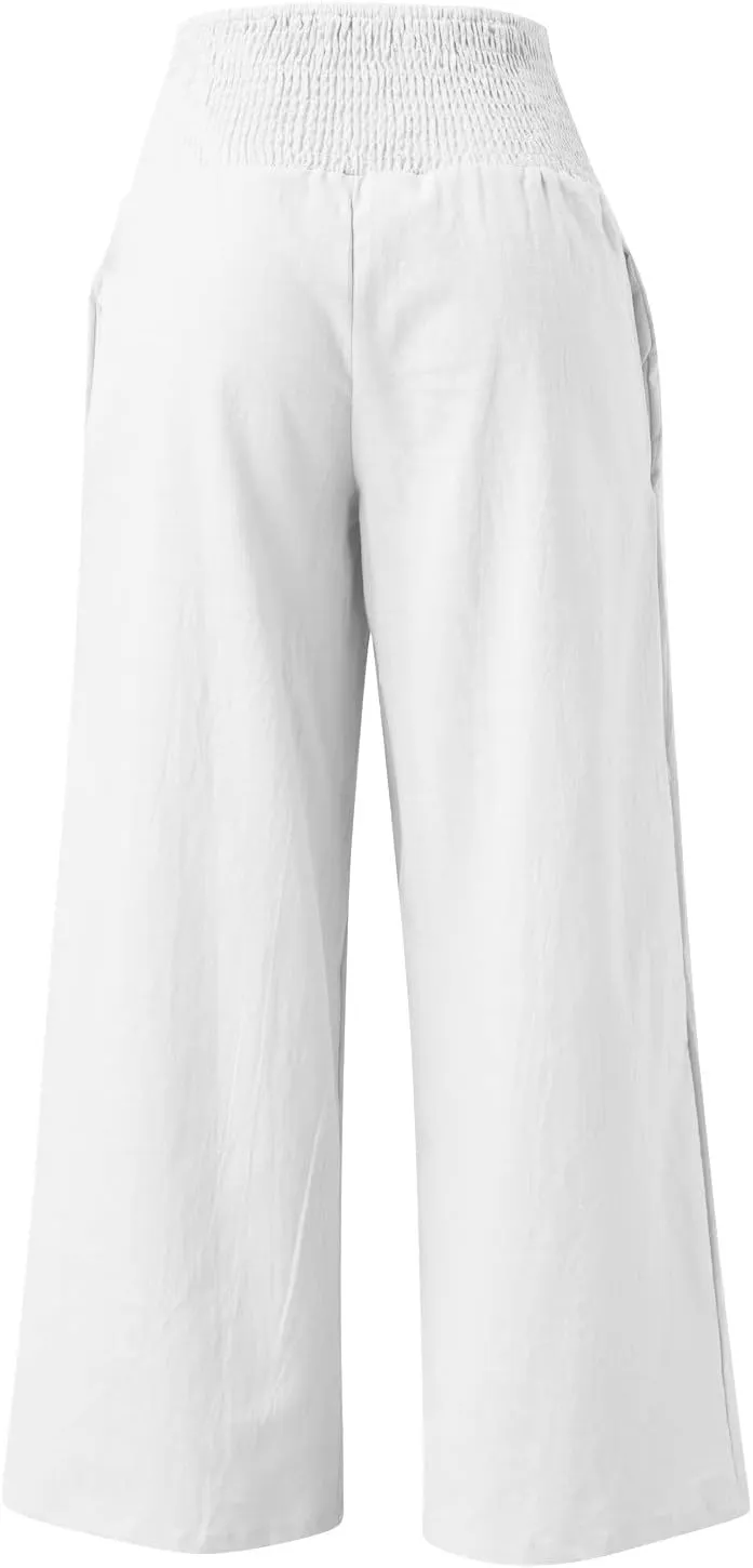 Womens Linen Palazzo Pants Wide Leg Boho Beach Pants High Waisted Flowy Pants Summer Lightweight Plus Size Trousers