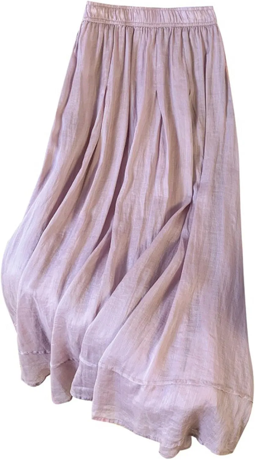 Women's Linen Stretch Soft Pleated Skirt Elastic Waisted Spring Summer Ruched Skirts Casual Loose Trendy Maxi Skirt
