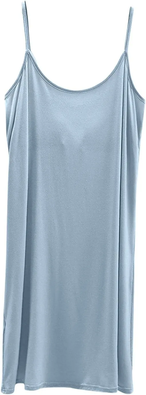 Womens Modal Nightgown Full Slip Midi Loose Dress Built in Padded Bra Sexy Spaghetti Strap Mini Cami Tank Sleepwear
