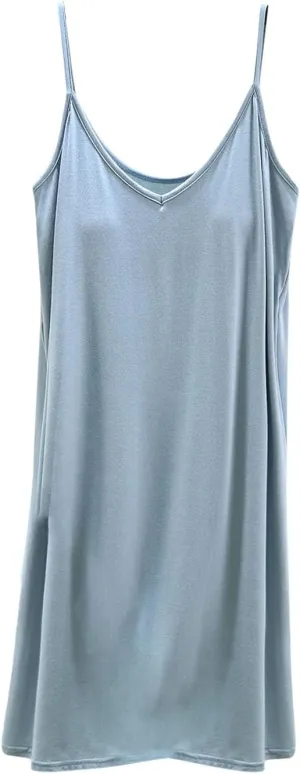 Womens Modal Nightgown Full Slip Midi Loose Dress Built in Padded Bra Sexy Spaghetti Strap Mini Cami Tank Sleepwear