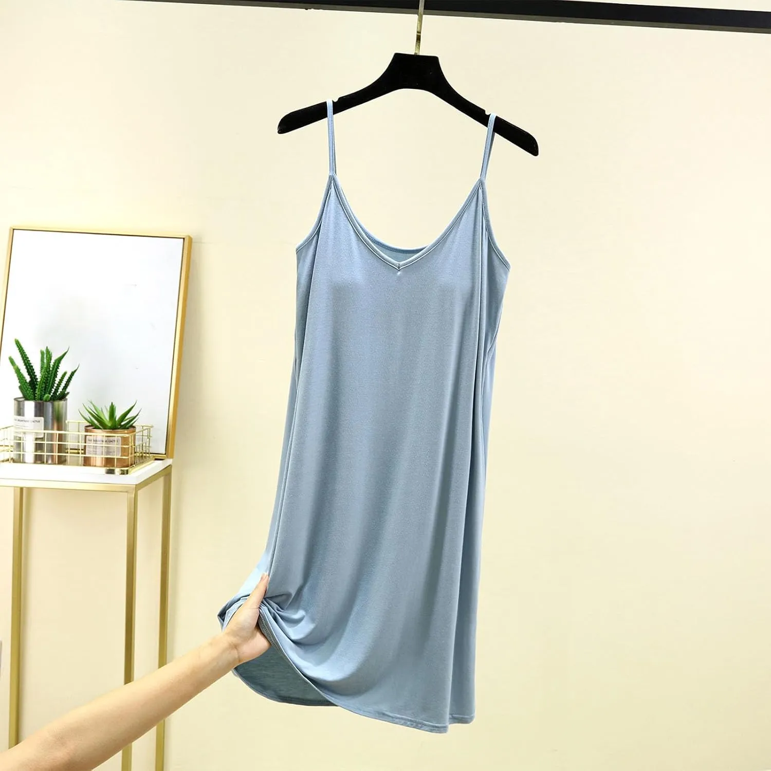 Womens Modal Nightgown Full Slip Midi Loose Dress Built in Padded Bra Sexy Spaghetti Strap Mini Cami Tank Sleepwear