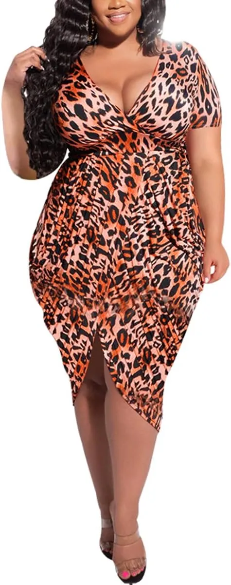 Women's Night Dress Plus Size Sexy V Neck Short Sleeve Solid Ruched Bodycon Party Cocktail Midi Dress