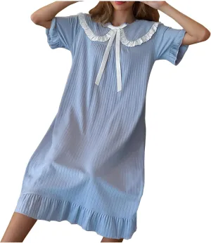 Women's Nightgowns Short Sleeve Sleepwear Cute Bow Loungewear Loose Lace Pajama Dress Crew Neck Sleep Dress