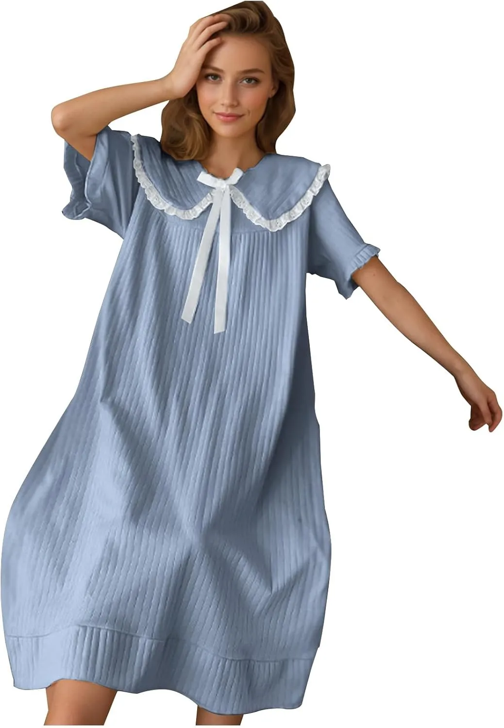 Women's Nightgowns Short Sleeve Sleepwear Cute Bow Loungewear Loose Lace Pajama Dress Crew Neck Sleep Dress