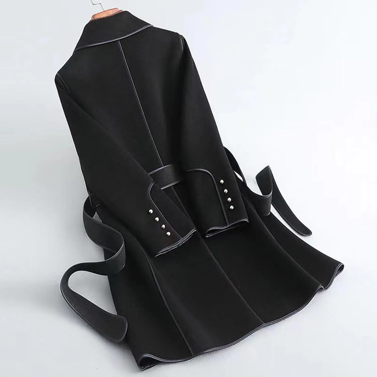 Women's Notched Lapel Wool Coats Mid Long Open Front Cardigan Pea Coats Warm Winter Trench Overcoat Jacket with Belt