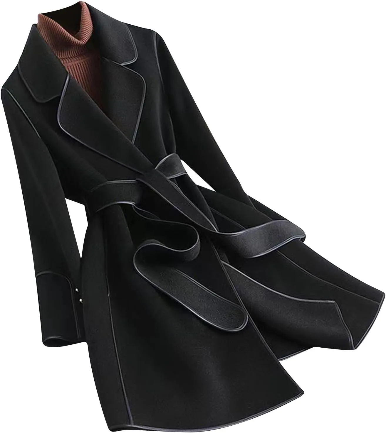 Women's Notched Lapel Wool Coats Mid Long Open Front Cardigan Pea Coats Warm Winter Trench Overcoat Jacket with Belt