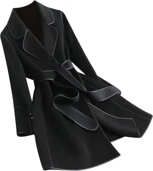 Women's Notched Lapel Wool Coats Mid Long Open Front Cardigan Pea Coats Warm Winter Trench Overcoat Jacket with Belt