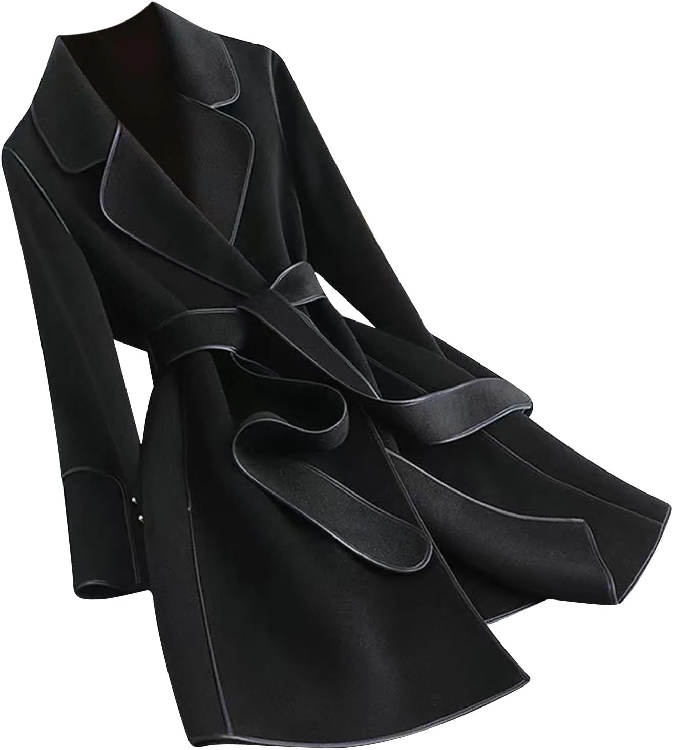 Women's Notched Lapel Wool Coats Mid Long Open Front Cardigan Pea Coats Warm Winter Trench Overcoat Jacket with Belt