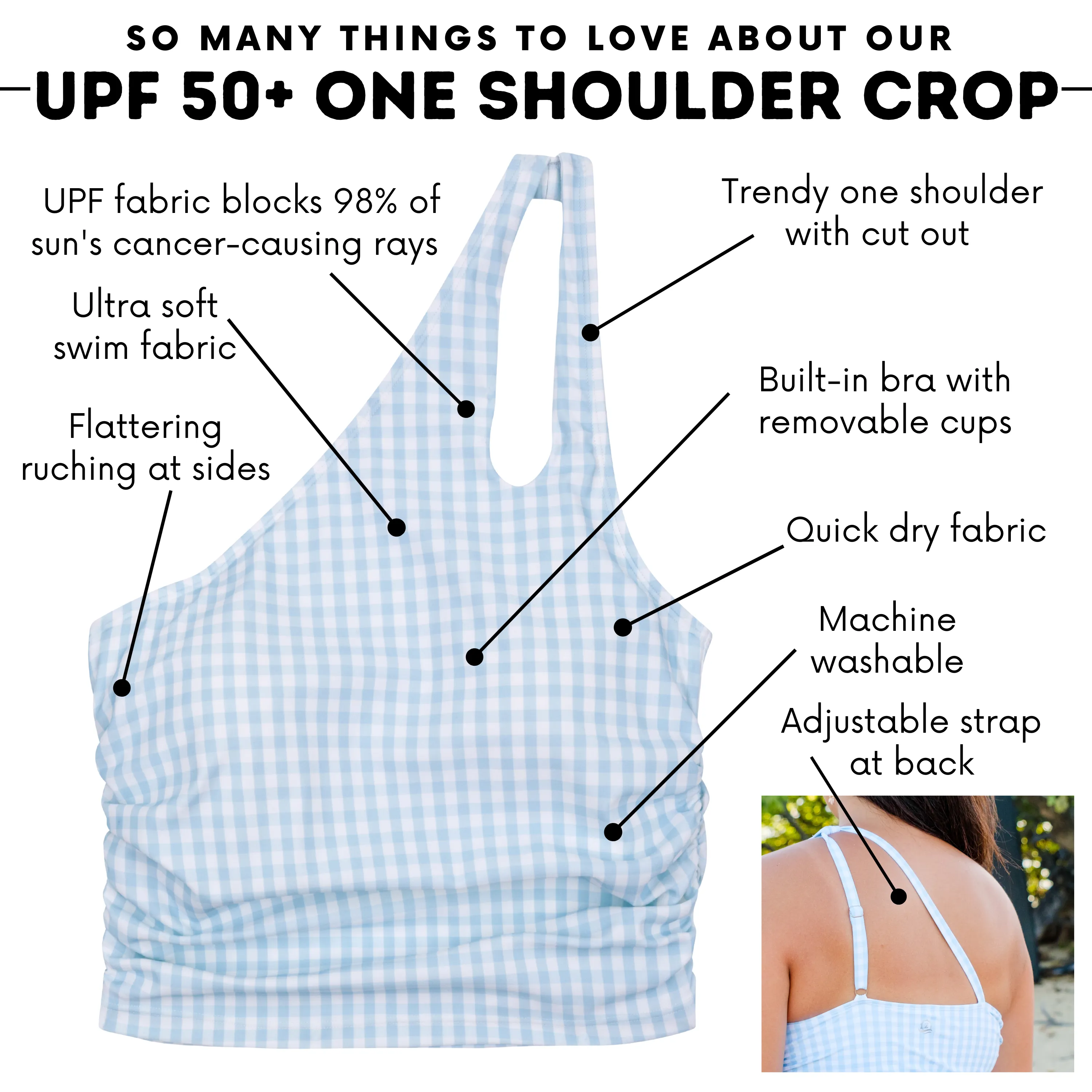 Women’s One Shoulder Crop Tankini Top | “Blue Gingham”