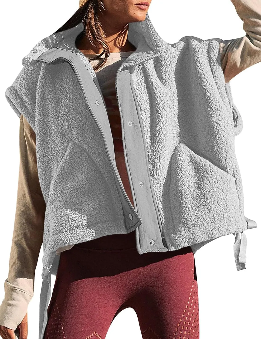 Womens Oversized Fuzzy Fleece Vest Button Down Sherpa Sleeveless Outerwear Coat with Pockets