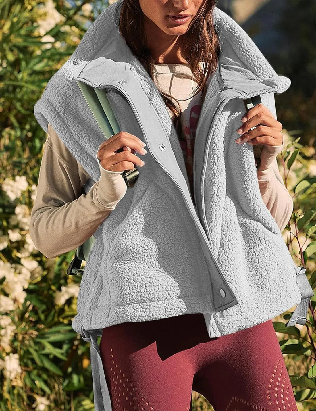 Womens Oversized Fuzzy Fleece Vest Button Down Sherpa Sleeveless Outerwear Coat with Pockets