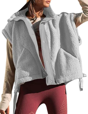 Womens Oversized Fuzzy Fleece Vest Button Down Sherpa Sleeveless Outerwear Coat with Pockets