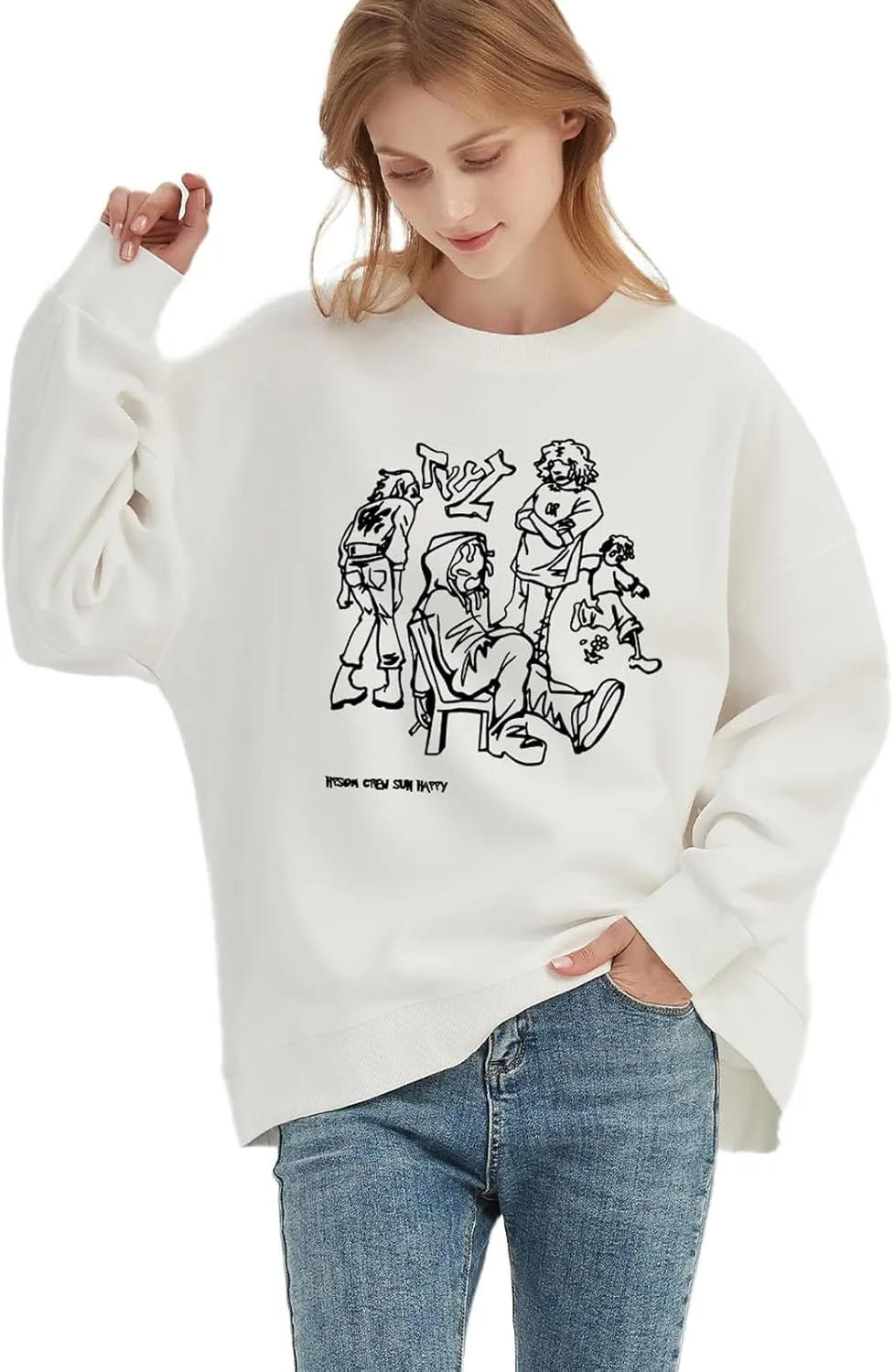 Womens Oversized Graphic Sweatshirts Hoodies Long Sleeve Crew Neck Pullover Sweaters Casual Comfy Fall Fashion Outfits