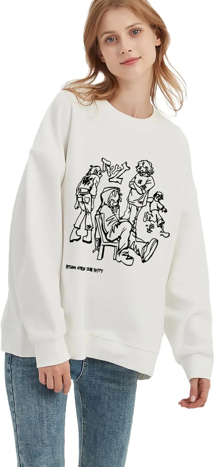 Womens Oversized Graphic Sweatshirts Hoodies Long Sleeve Crew Neck Pullover Sweaters Casual Comfy Fall Fashion Outfits