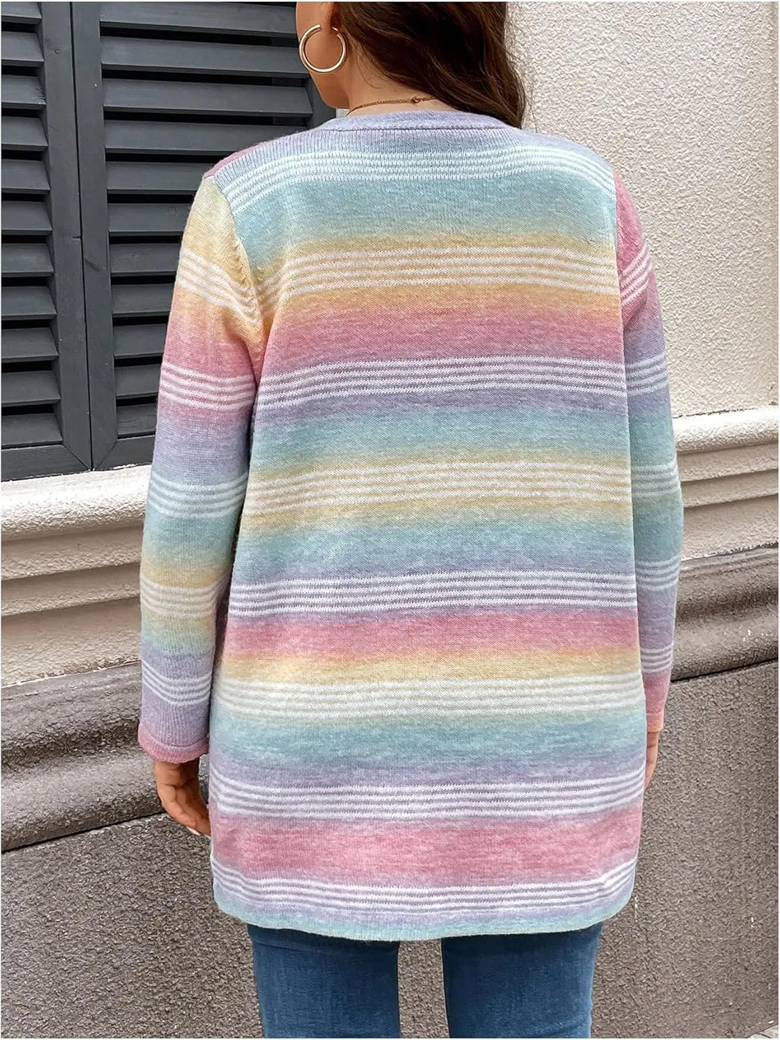 Women's Plus Size Striped Cardigan Sweaters Long Sleeve Open Front Knitted Outerwear with Pocket