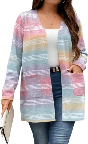 Women's Plus Size Striped Cardigan Sweaters Long Sleeve Open Front Knitted Outerwear with Pocket