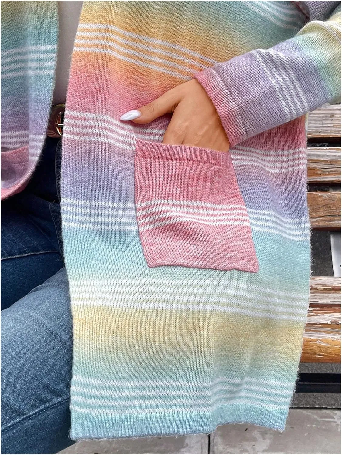 Women's Plus Size Striped Cardigan Sweaters Long Sleeve Open Front Knitted Outerwear with Pocket