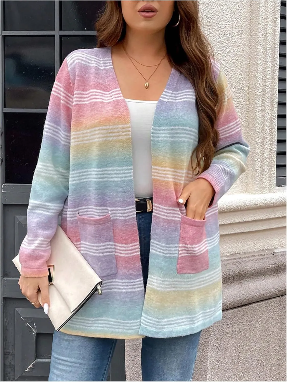 Women's Plus Size Striped Cardigan Sweaters Long Sleeve Open Front Knitted Outerwear with Pocket