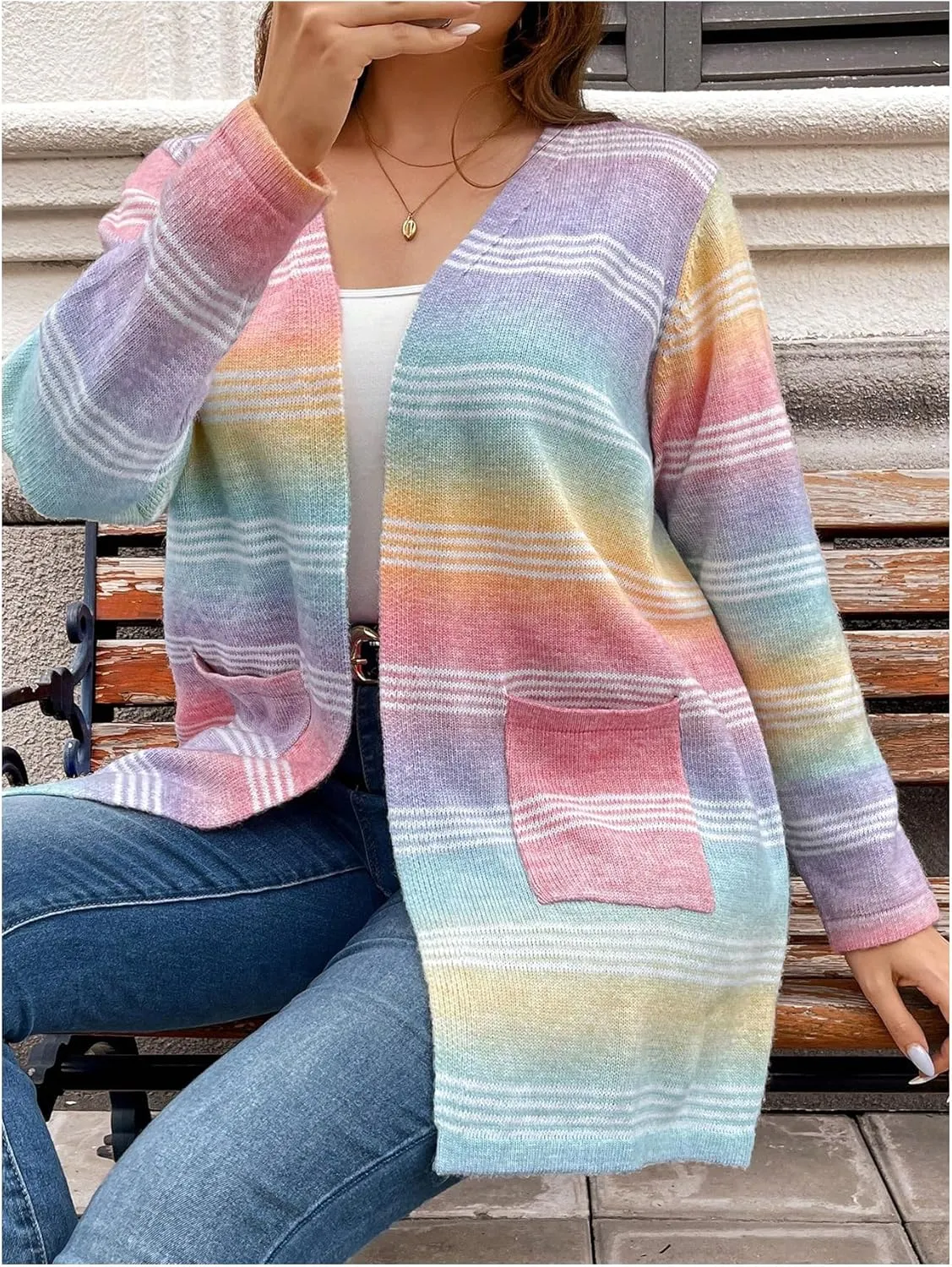Women's Plus Size Striped Cardigan Sweaters Long Sleeve Open Front Knitted Outerwear with Pocket