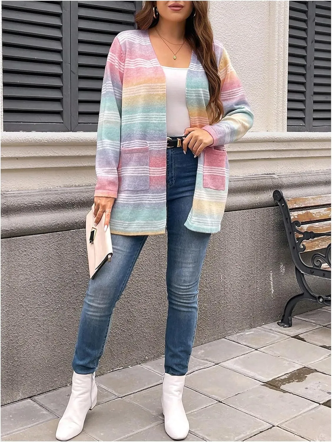 Women's Plus Size Striped Cardigan Sweaters Long Sleeve Open Front Knitted Outerwear with Pocket