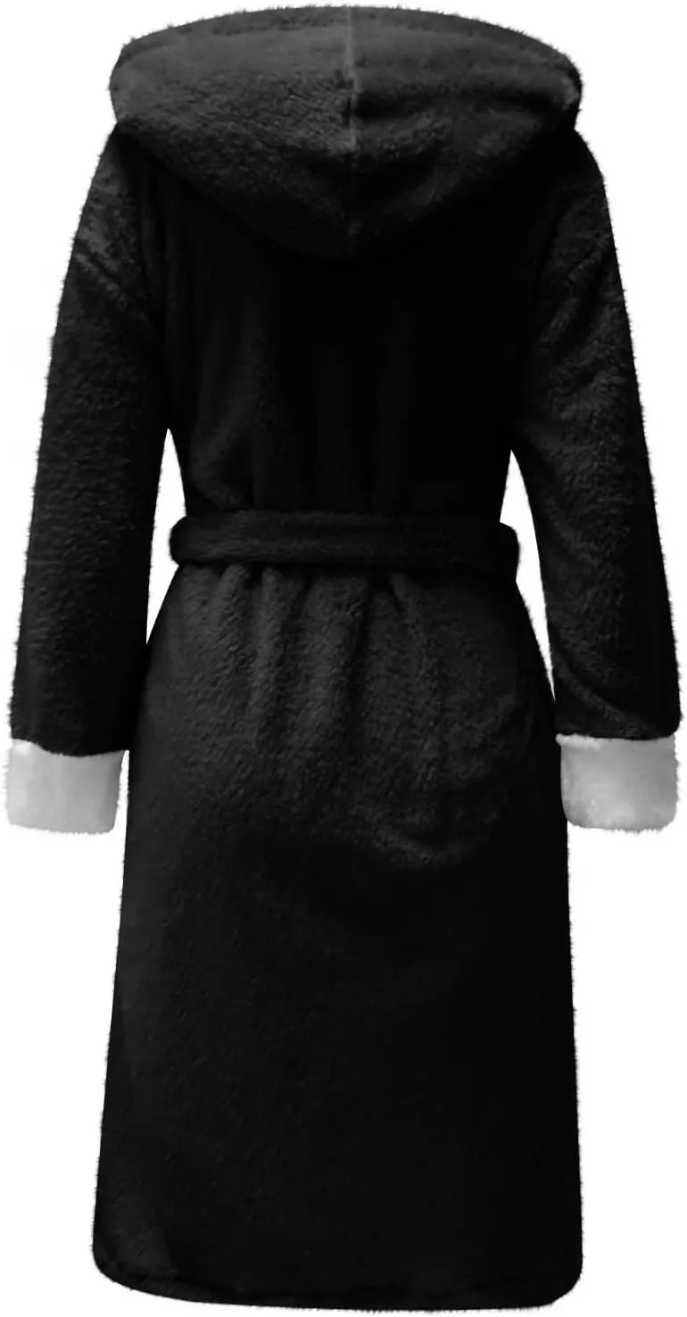 Womens Plush Hooded Robe, Soft Fluffy Fleece Robe Long Warm Belted Bathrobes Full Length Lightweight Loungewear