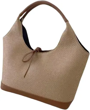 Women's Raffia Straw Woven Retro Shoulder Bucket Bag BowtieTotes Versatile Handbag Beach Vacation Holiday Large Capacity