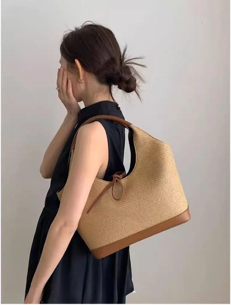 Women's Raffia Straw Woven Retro Shoulder Bucket Bag BowtieTotes Versatile Handbag Beach Vacation Holiday Large Capacity
