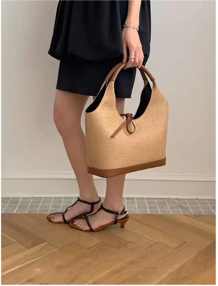 Women's Raffia Straw Woven Retro Shoulder Bucket Bag BowtieTotes Versatile Handbag Beach Vacation Holiday Large Capacity