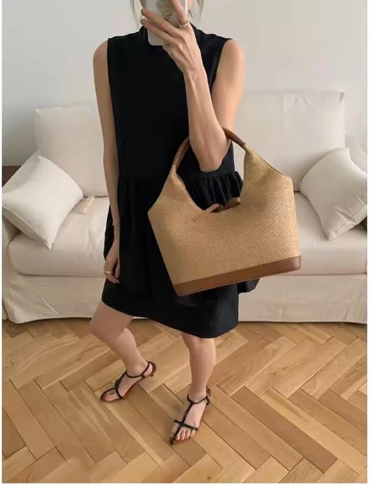 Women's Raffia Straw Woven Retro Shoulder Bucket Bag BowtieTotes Versatile Handbag Beach Vacation Holiday Large Capacity