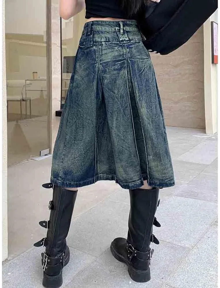 Women's Retro Denim Skirt, Washed Pleated Denim Skirt Loose fit Oversized A-line mid Length Skirt