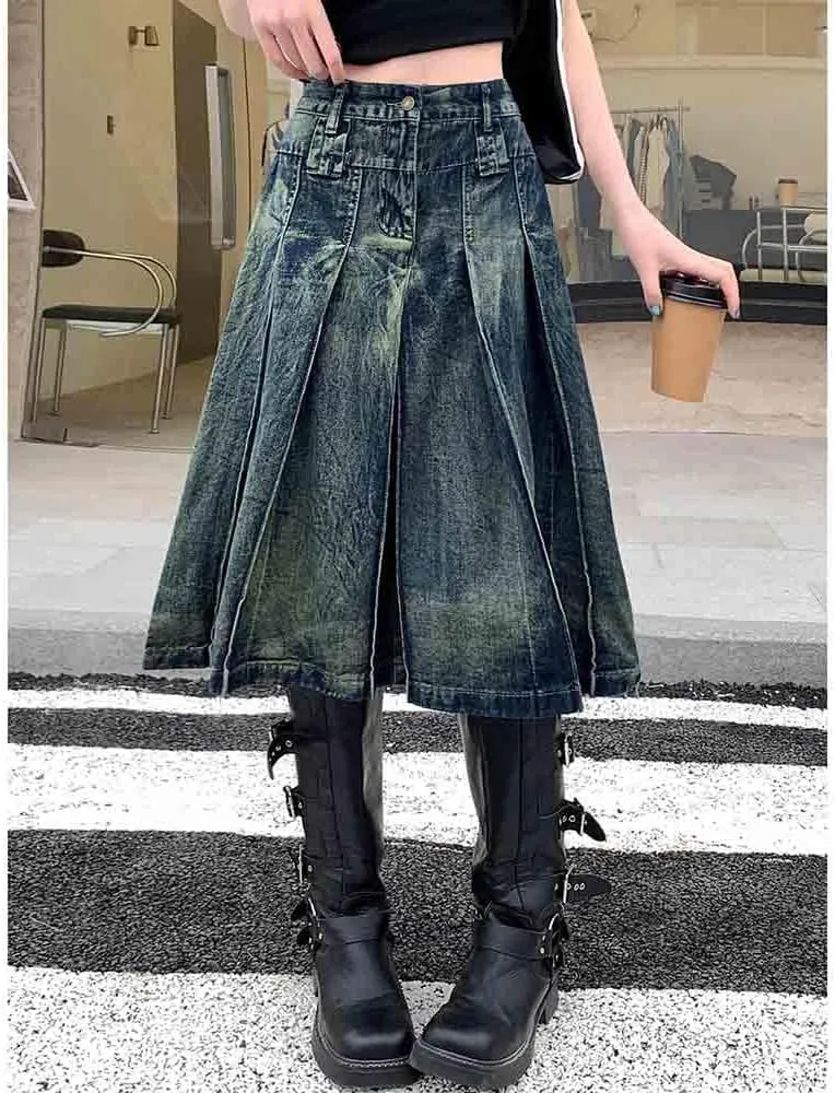 Women's Retro Denim Skirt, Washed Pleated Denim Skirt Loose fit Oversized A-line mid Length Skirt