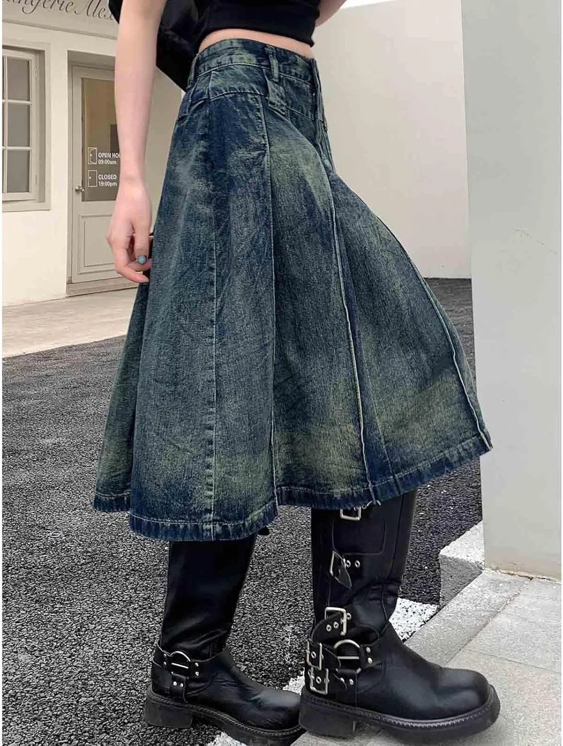 Women's Retro Denim Skirt, Washed Pleated Denim Skirt Loose fit Oversized A-line mid Length Skirt