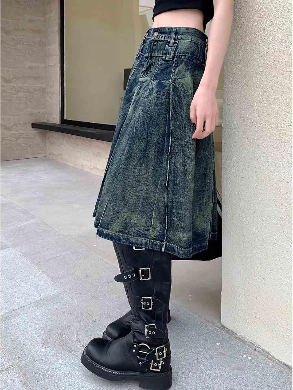 Women's Retro Denim Skirt, Washed Pleated Denim Skirt Loose fit Oversized A-line mid Length Skirt