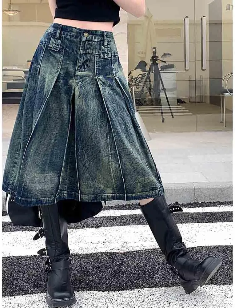 Women's Retro Denim Skirt, Washed Pleated Denim Skirt Loose fit Oversized A-line mid Length Skirt