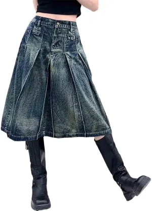 Women's Retro Denim Skirt, Washed Pleated Denim Skirt Loose fit Oversized A-line mid Length Skirt