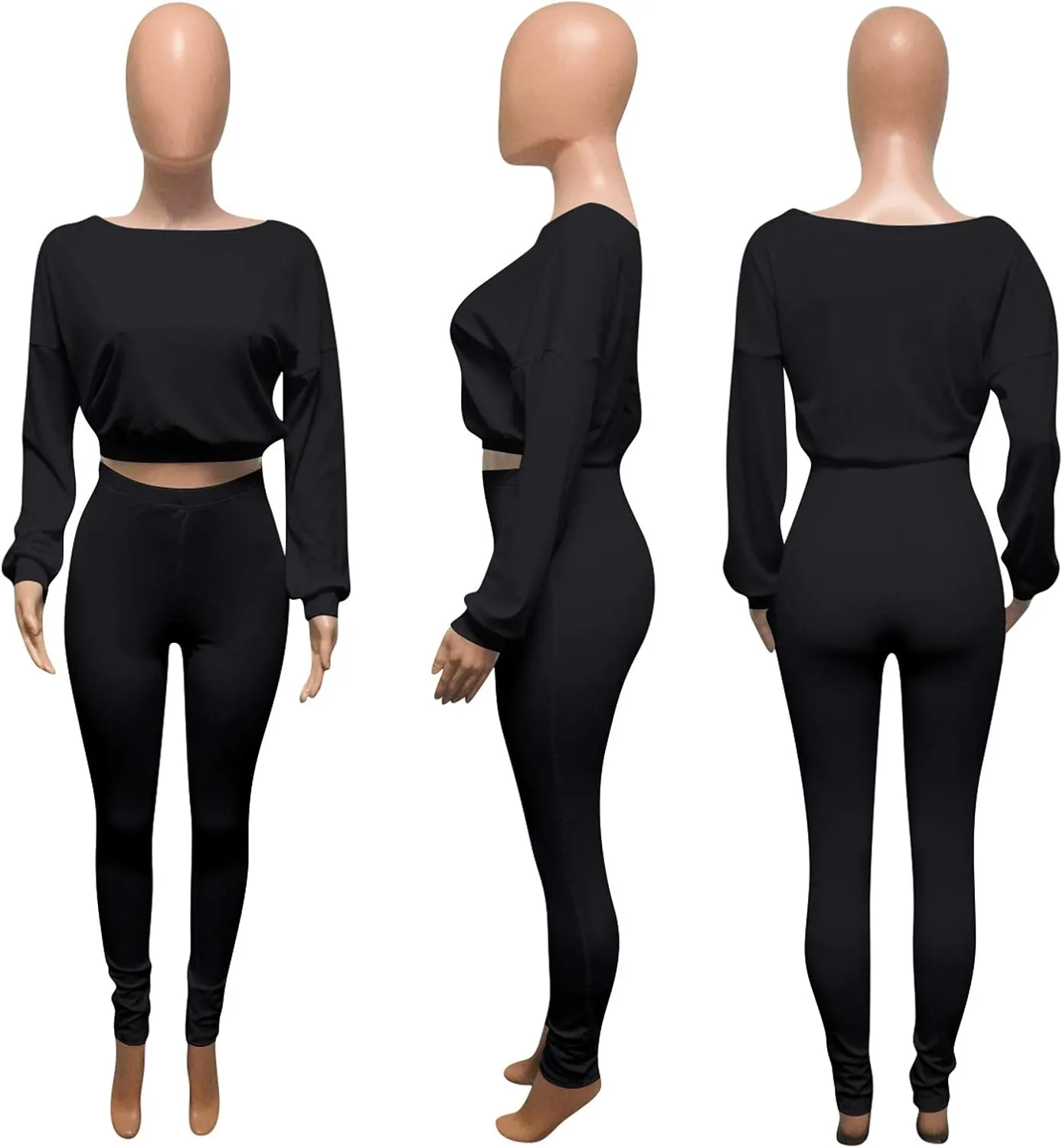 Womens Ribbed 2 Piece Outfits Long Sleeve Crop Top Pullover Skinny Long Pants Sweatsuits Set Tracksuit