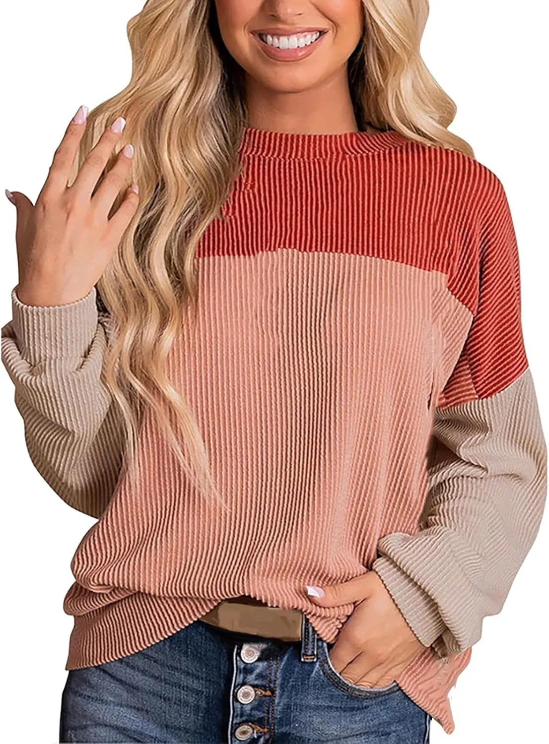 Womens Ribbed Sweatshirt Oversized Color Block Hoodie Long Sleeve Sweater Crewneck Shirts Tops Casual Loose Tops