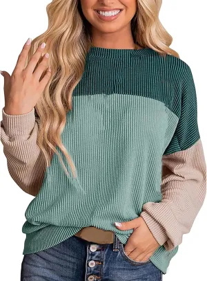 Womens Ribbed Sweatshirt Oversized Color Block Hoodie Long Sleeve Sweater Crewneck Shirts Tops Casual Loose Tops