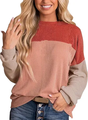 Womens Ribbed Sweatshirt Oversized Color Block Hoodie Long Sleeve Sweater Crewneck Shirts Tops Casual Loose Tops