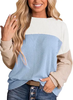 Womens Ribbed Sweatshirt Oversized Color Block Hoodie Long Sleeve Sweater Crewneck Shirts Tops Casual Loose Tops