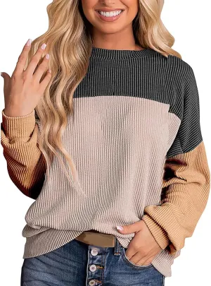 Womens Ribbed Sweatshirt Oversized Color Block Hoodie Long Sleeve Sweater Crewneck Shirts Tops Casual Loose Tops