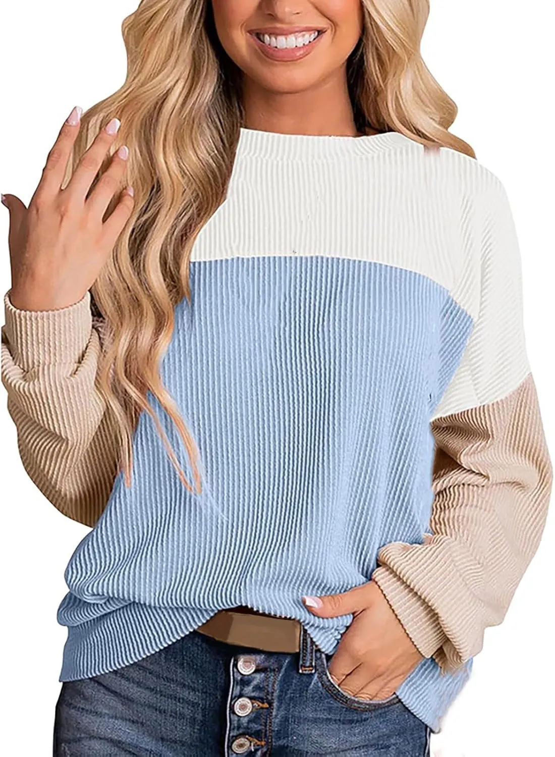 Womens Ribbed Sweatshirt Oversized Color Block Hoodie Long Sleeve Sweater Crewneck Shirts Tops Casual Loose Tops