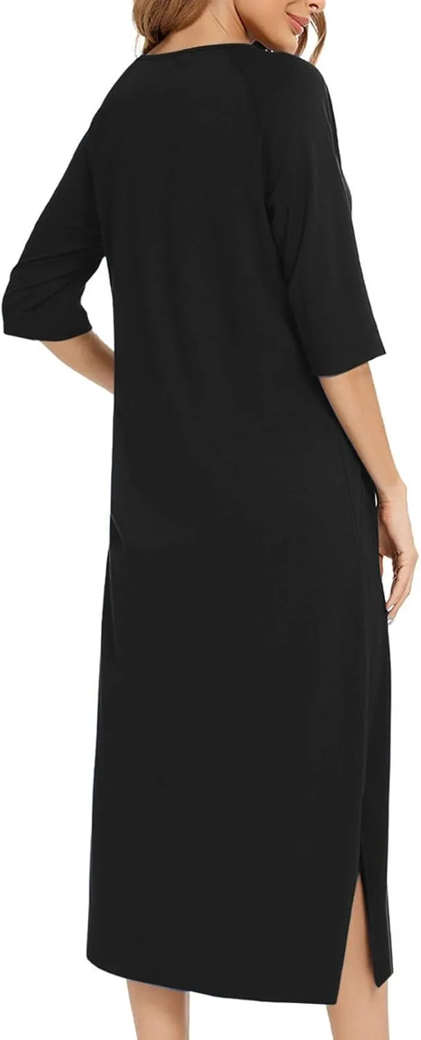 Womens Robes Lightweight 3/4 Sleeve Bathrobe Zipper Front Housecoat Full Length Nightgowns Comfy Nightwear Dress