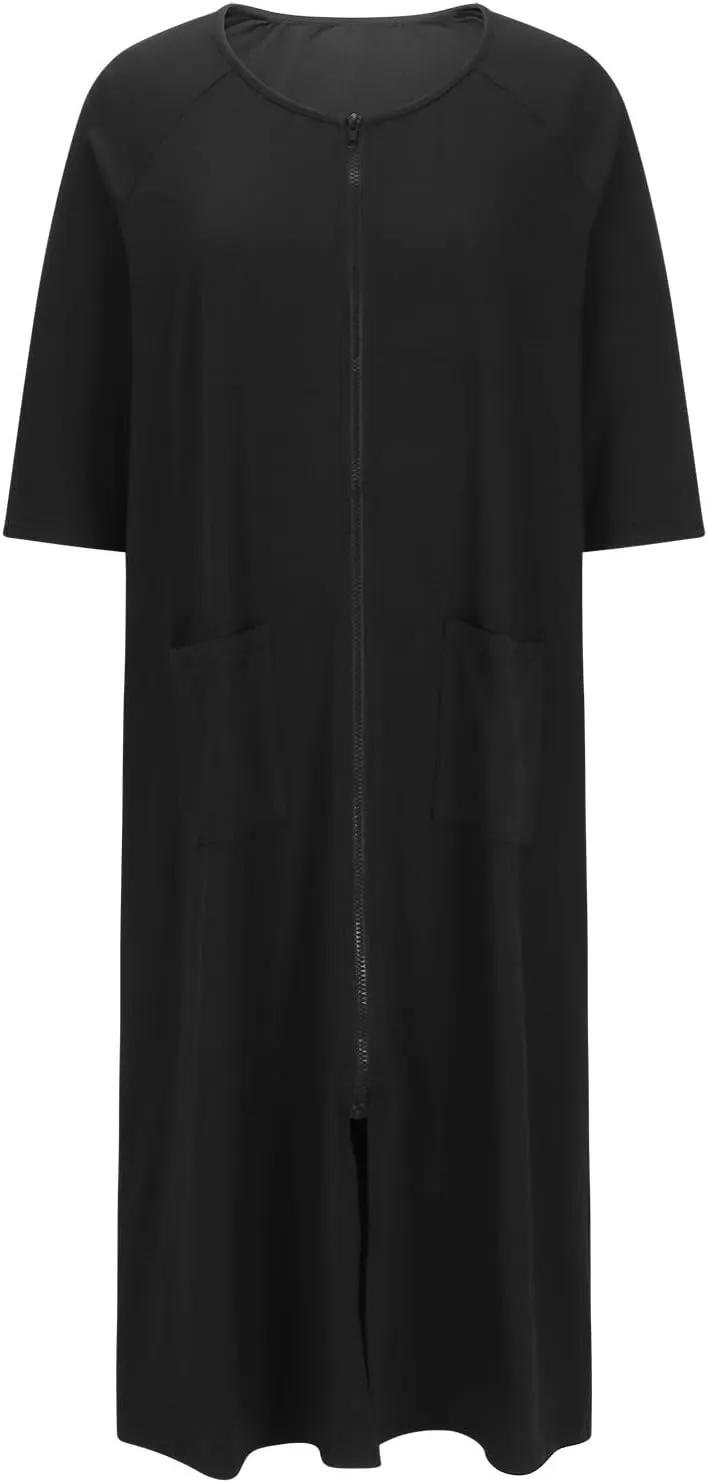 Womens Robes Lightweight 3/4 Sleeve Bathrobe Zipper Front Housecoat Full Length Nightgowns Comfy Nightwear Dress