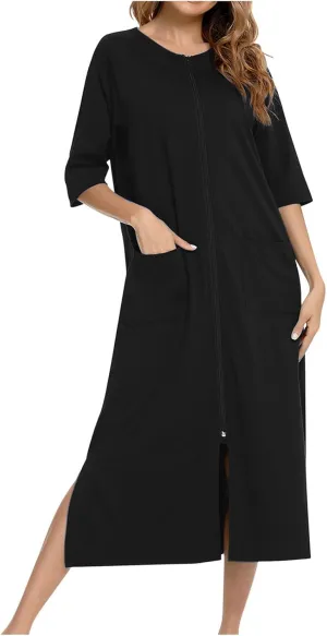 Womens Robes Lightweight 3/4 Sleeve Bathrobe Zipper Front Housecoat Full Length Nightgowns Comfy Nightwear Dress